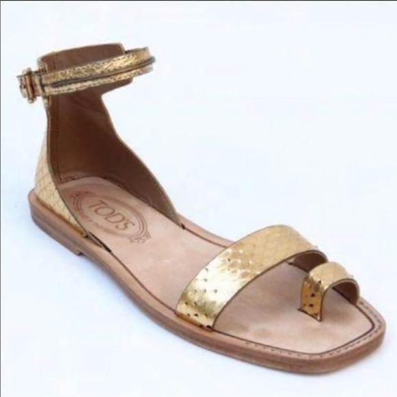Tod's Snakeskin Ankle Strap Flat Sandals Gold 6.5 - Picture 2 of 8